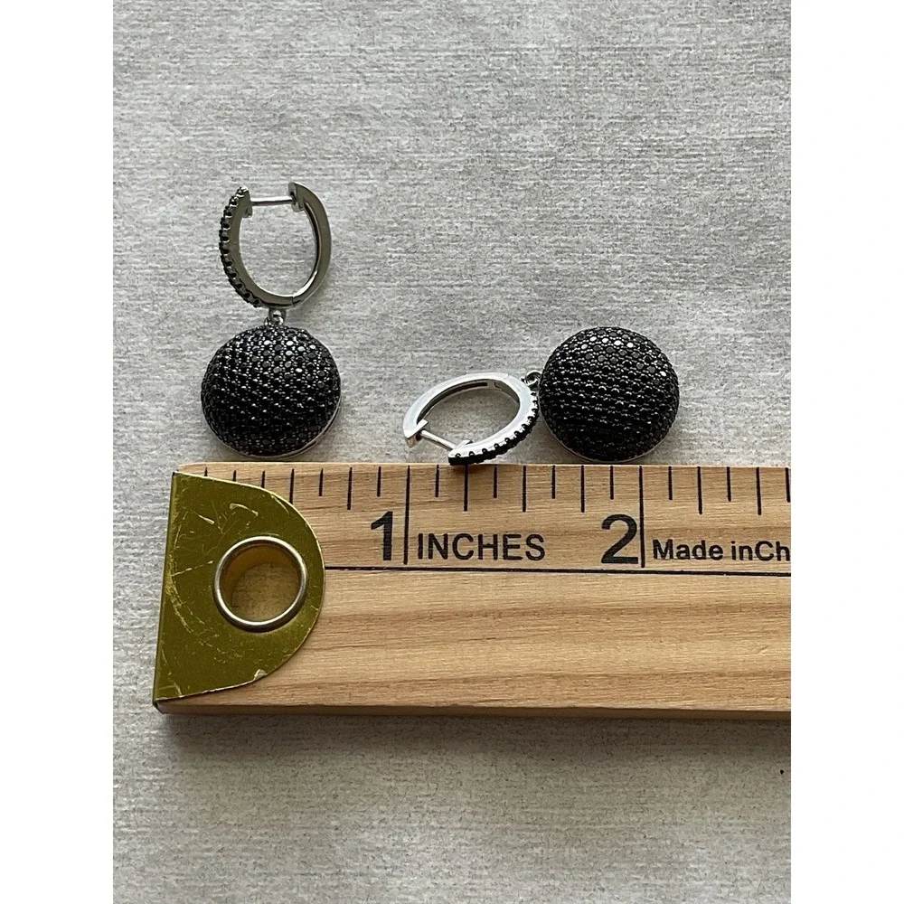 925 Sterling Silver Pave-set black spinel ball design Drop Earrings - Picture 8 of 9